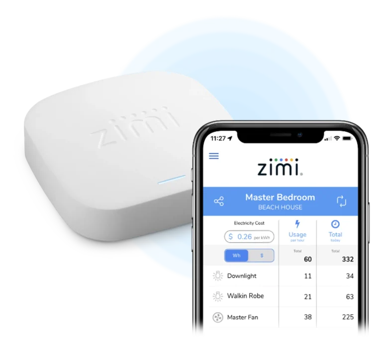 Zimi cloud connect hub for energy monitoring and remote app control.