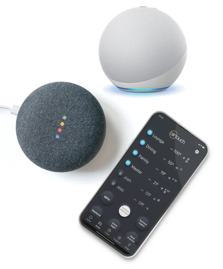 Smart home voice control for air conditioning with Google Assistant or Amazon Alexa.