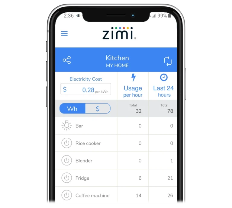 Zimi smart home app energy monitoring.