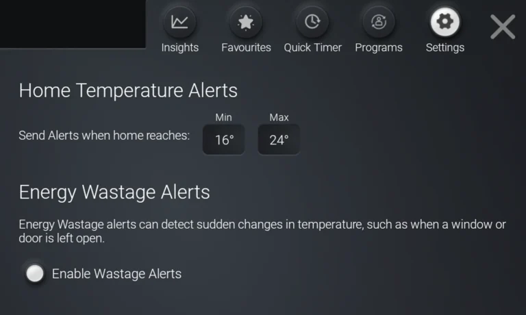 AirTouch energy wastage alerts setup screen.