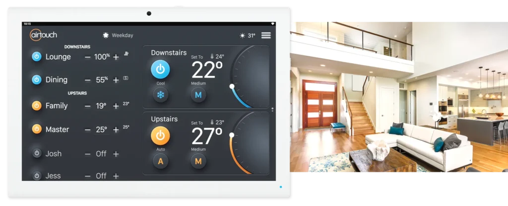 AirTouch showing interface in 2 AC unit mode for double and multi storey house air conditioning control.