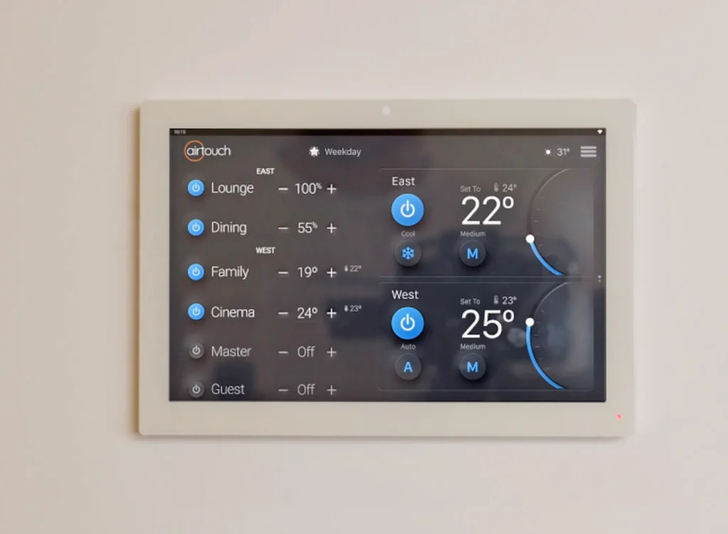 AirTouch console installed at Viewmoore for multiple zones, and East/West AC unit controls.