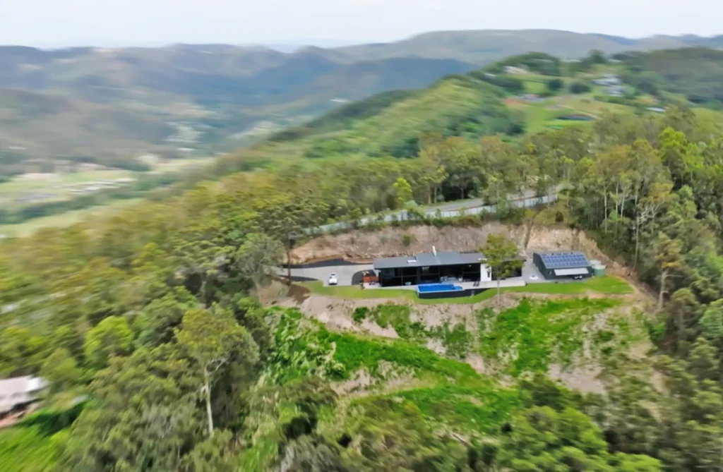 Aerial shot of Viewmoore, an Australian luxury smart home in Wongawallan Queensland.